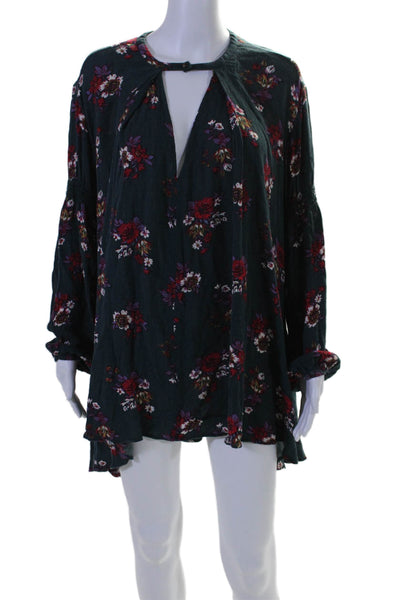 Free People Womens Long Sleeve Keyhole Floral Mini Dress Blue Red Size Small