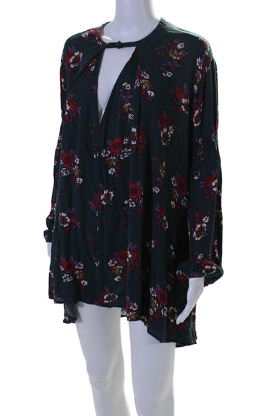 Free People Womens Long Sleeve Keyhole Floral Mini Dress Blue Red Size Small