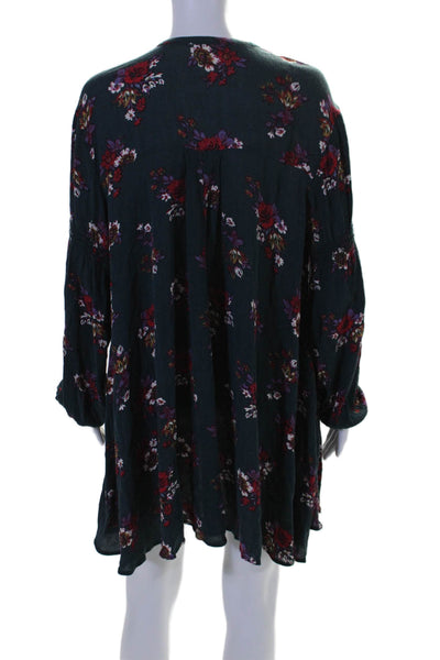 Free People Womens Long Sleeve Keyhole Floral Mini Dress Blue Red Size Small