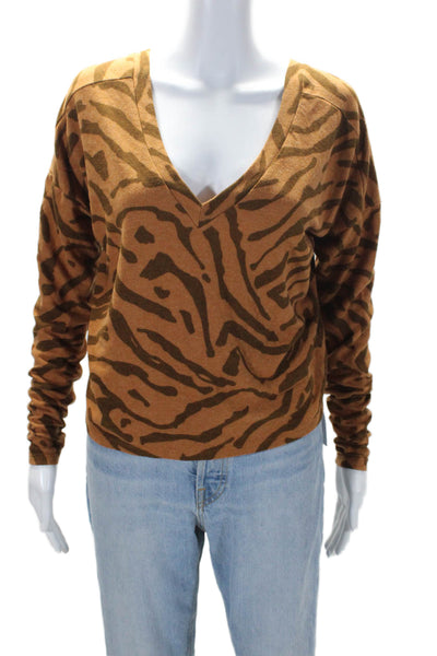 Chaser Womens Long Sleeve V Neck Tiger Striped Sweatshirt Brown Size Extra Small