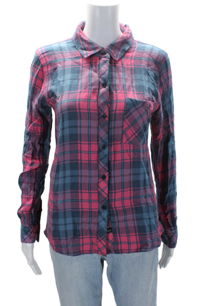 Rails Womens Button Front Long Sleeve Collared Plaid Shirt Blue Pink Extra Small