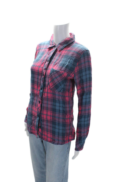 Rails Womens Button Front Long Sleeve Collared Plaid Shirt Blue Pink Extra Small