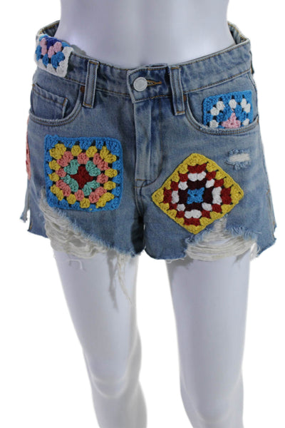 Blank NYC Cotton Patchwork Multicolored Denim Shorts Blue Size EUR 25