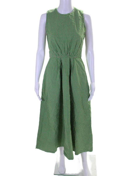 Toast Womens Cotton Gingham Print Sleeveless Gathered Maxi Dress Green Size 6