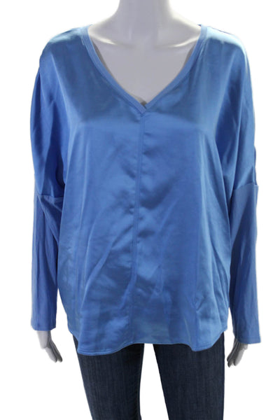 Melissa Nepton Womens Satin V Neck Long Sleeve Ribbed Trim Blouse Blue Size XL