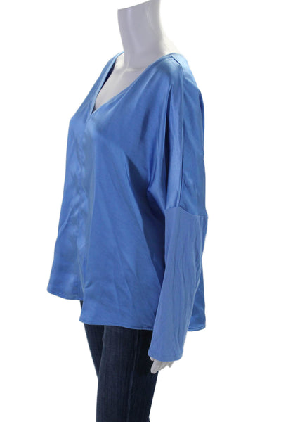 Melissa Nepton Womens Satin V Neck Long Sleeve Ribbed Trim Blouse Blue Size XL