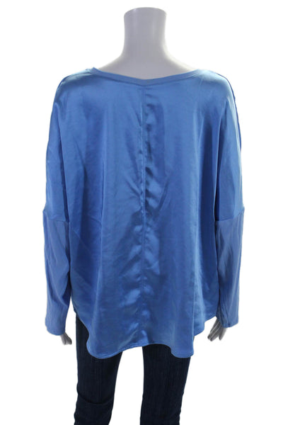 Melissa Nepton Womens Satin V Neck Long Sleeve Ribbed Trim Blouse Blue Size XL