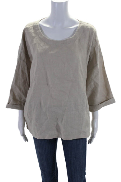 Suzie Kondi Womens Linen Short Sleeve Cuffed Relaxed Fit Blouse Beige Size XL