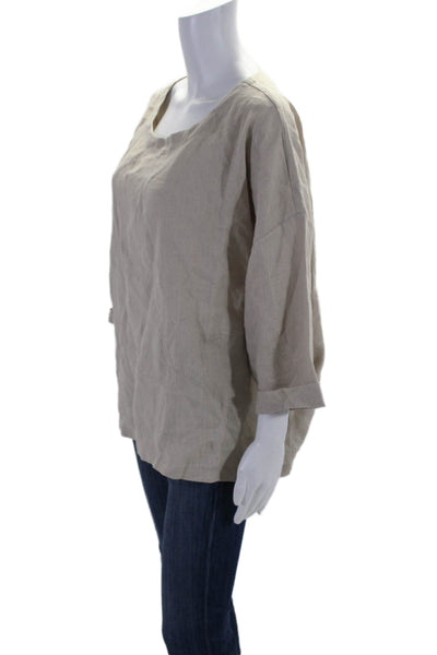 Suzie Kondi Womens Linen Short Sleeve Cuffed Relaxed Fit Blouse Beige Size XL