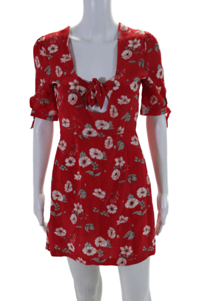 Intermix Women's Round Neck Short Sleeves Mini Silk Dress Red Floral Size 0