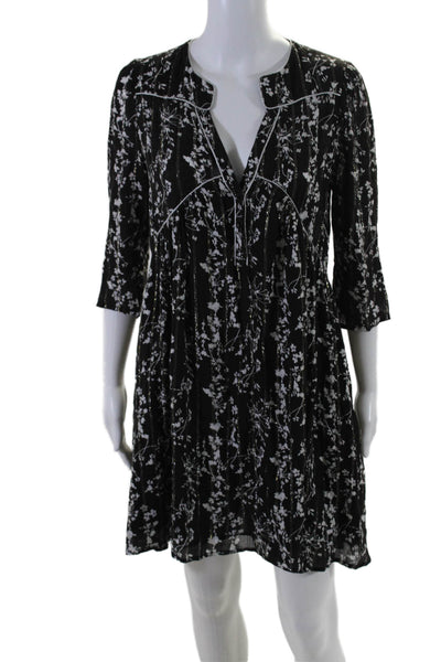 Ba&Sh Women's Round Neck 3/4 Sleeves Half Button Floral Mini Dress Black Size 0