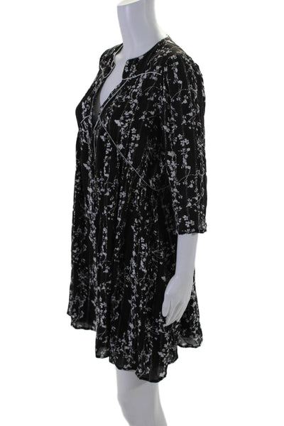 Ba&Sh Women's Round Neck 3/4 Sleeves Half Button Floral Mini Dress Black Size 0