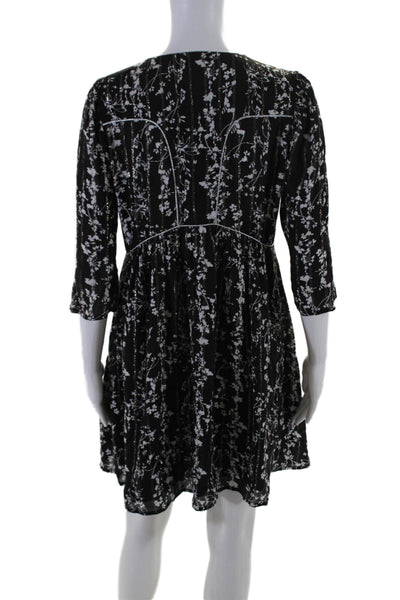 Ba&Sh Women's Round Neck 3/4 Sleeves Half Button Floral Mini Dress Black Size 0