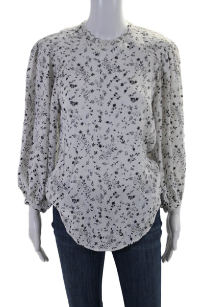 Joie Women's Round Neck Long Sleeves Floral Blouse White Black Size XS