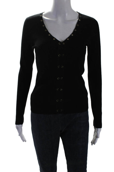 525 America Women's V-Neck Long Sleeves Ribbed Pullover Sweater Black Size S