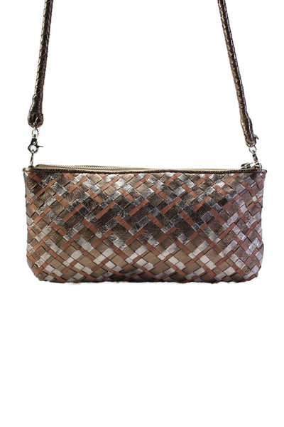 Elliott Lucca Womens Braided Strap Metallic Woven Leather Shoulder Handbag Brown