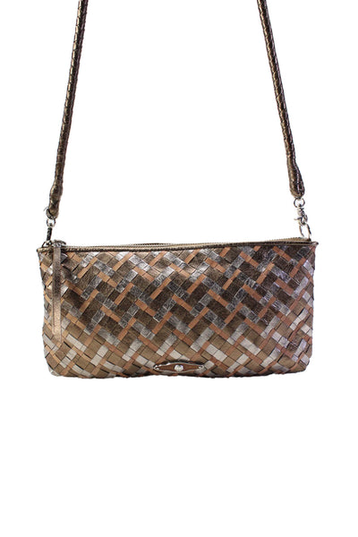 Elliott Lucca Womens Braided Strap Metallic Woven Leather Shoulder Handbag Brown