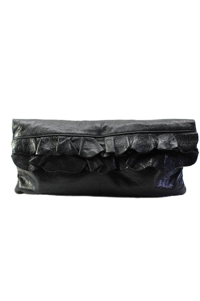 Hobo International Womens Leather Ruffled Flap Silver Tone Clutch Handbag Black