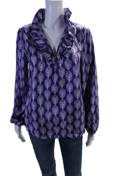 Elizabeth McKay Womens Silk Feather Print Ruffle V Neck Blouse Purple Size 6