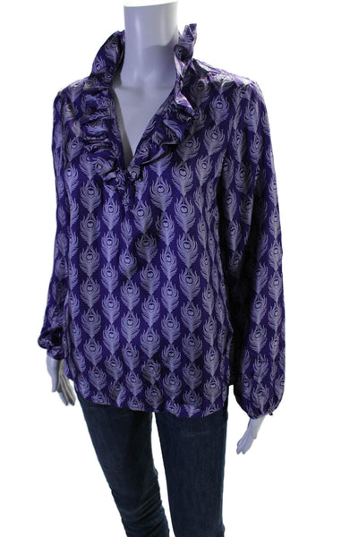 Elizabeth McKay Womens Silk Feather Print Ruffle V Neck Blouse Purple Size 6