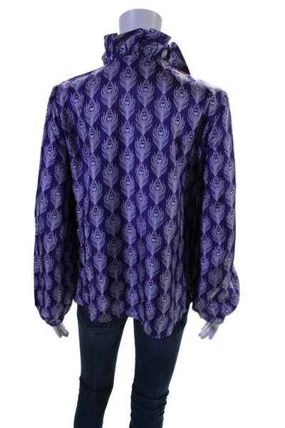 Elizabeth McKay Womens Silk Feather Print Ruffle V Neck Blouse Purple Size 6