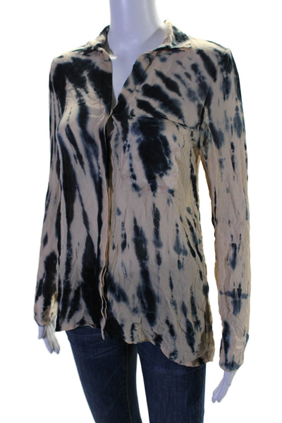 YFB Womens Beige Blue Tie Dye Collar Long Sleeve Button Down Shirt Size XS