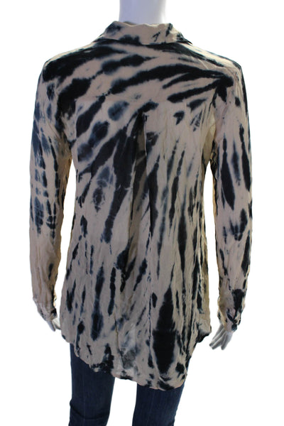 YFB Womens Beige Blue Tie Dye Collar Long Sleeve Button Down Shirt Size XS