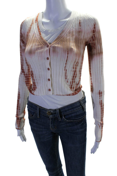 525 Womens Brown Tie Dye Ribbed Knit V-neck Button Front Long Sleeve Top Size XS