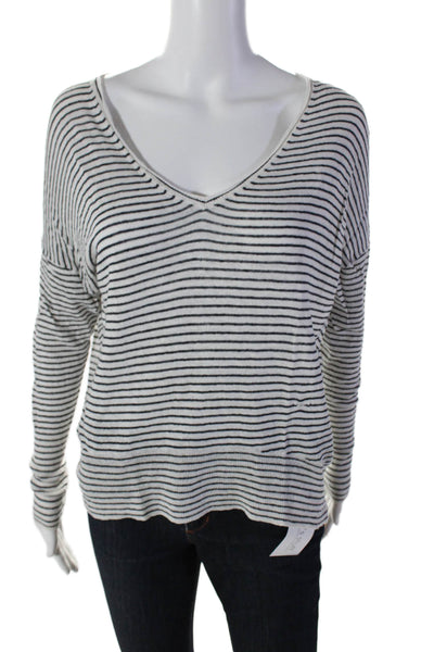 Nili Lotan Womens Linen Striped V Neck Pullover Sweater White Black Size Small