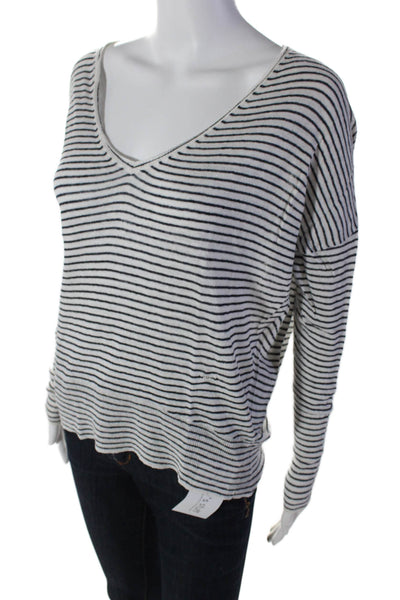 Nili Lotan Womens Linen Striped V Neck Pullover Sweater White Black Size Small