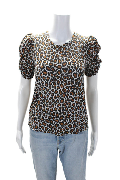 A.L.C. Womens Cotton Animal Print Ruched Short Sleeve Pullover Top Brown Size XS