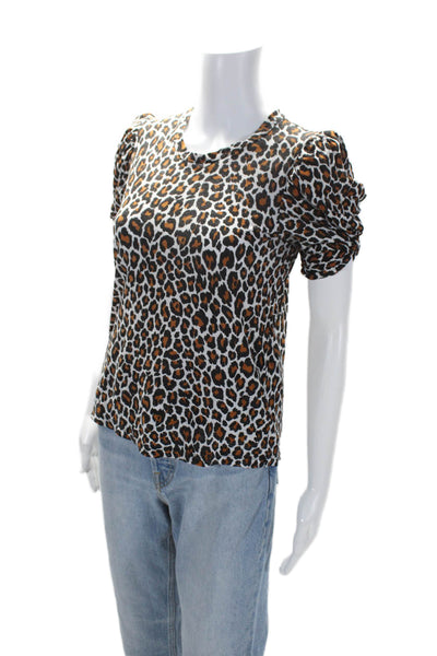 A.L.C. Womens Cotton Animal Print Ruched Short Sleeve Pullover Top Brown Size XS