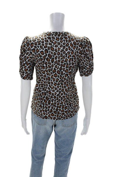 A.L.C. Womens Cotton Animal Print Ruched Short Sleeve Pullover Top Brown Size XS