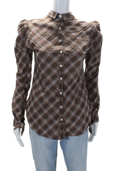 Veronica Beard Womens Cotton Plaid Print Button Long Sleeve Blouse Brown Size 0