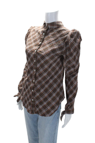 Veronica Beard Womens Cotton Plaid Print Button Long Sleeve Blouse Brown Size 0