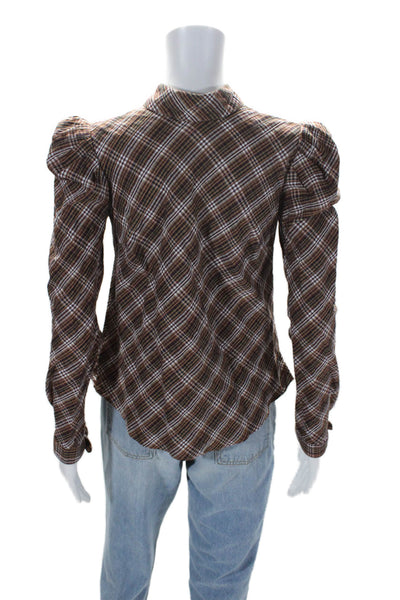 Veronica Beard Womens Cotton Plaid Print Button Long Sleeve Blouse Brown Size 0