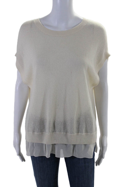 Vince Womens Round Neck Short Sleeve Crochet Knit Ruffle Bottom Top White Size S