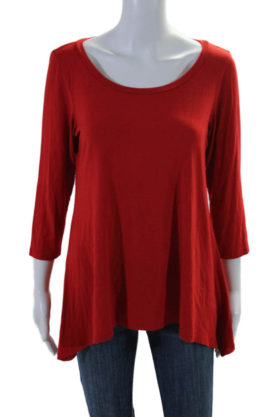 Eileen Fisher Womens Cotton Round Neck Long Sleeve Basic Top Red Size XS