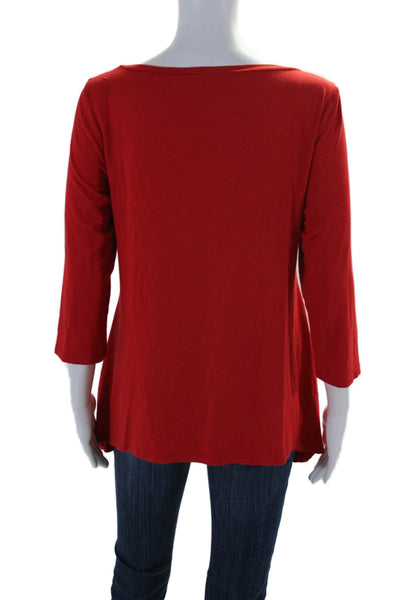 Eileen Fisher Womens Cotton Round Neck Long Sleeve Basic Top Red Size XS