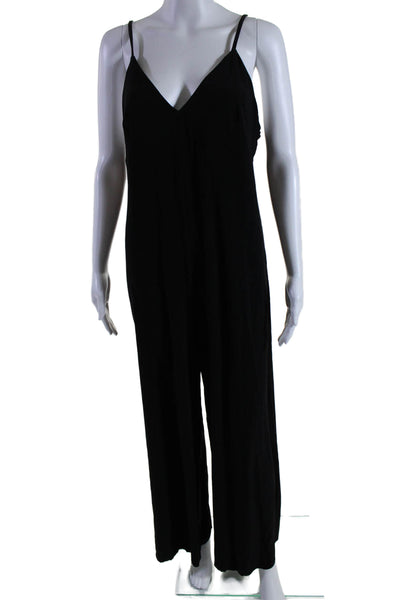 Norma Kamali Womens V Neck Spaghetti Strap Wide Leg Jumpsuit Black Size XL