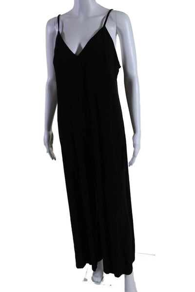 Norma Kamali Womens V Neck Spaghetti Strap Wide Leg Jumpsuit Black Size XL