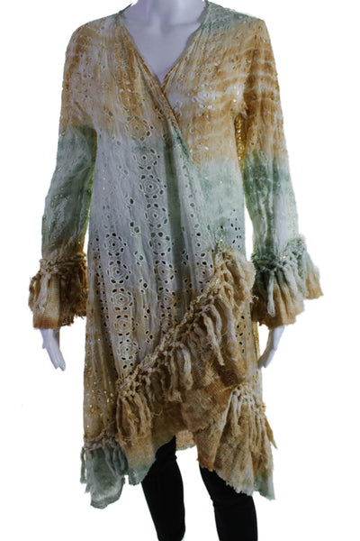 Tolani Collection Round Neck Tassel Eyelet Open Front Tie Dye Blouse Size L