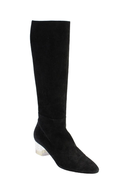 Alaia Womens Side Zip Clear Block Heel Knee High Boots Black Suede Size 38.5