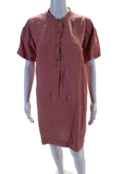 Eileen Fisher Womens Linen Round Neck Short Sleeve Button Up Dress Red Size XS