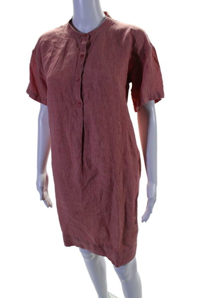 Eileen Fisher Womens Linen Round Neck Short Sleeve Button Up Dress Red Size XS