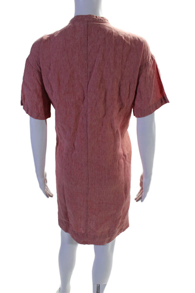 Eileen Fisher Womens Linen Round Neck Short Sleeve Button Up Dress Red Size XS