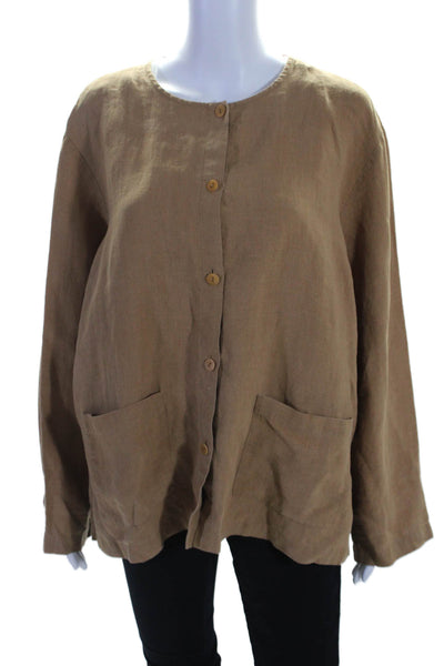 Eileen Fisher Linen Round Neck Long Sleeve Button Up Blouse Top Beige Size L