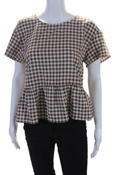 Madewell Womens Cotton Geometric Short Sleeved Ruffles Hem Blouse Brown Size S