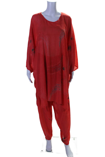 Babbitt Womens Abstract Short Sleeve Long Blouse Cardigan Pants Set Red Size L