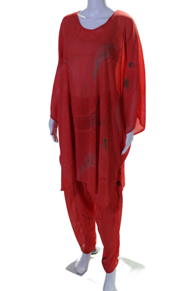 Babbitt Womens Abstract Short Sleeve Long Blouse Cardigan Pants Set Red Size L